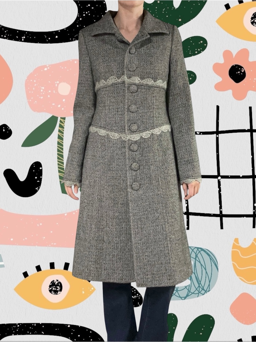 Arden B. | Y2K Gray Wool Blend Tweed Lace Trim Button Front Coat